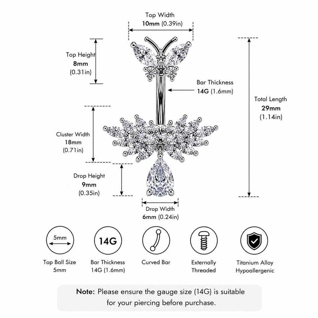 ASTM F136 Titanium CZ Butterfly Belly Ring｜14G Navel Piercing｜Sparkly Dangle Navel Jewelry｜Externally Threaded｜Fairycore Jewelry