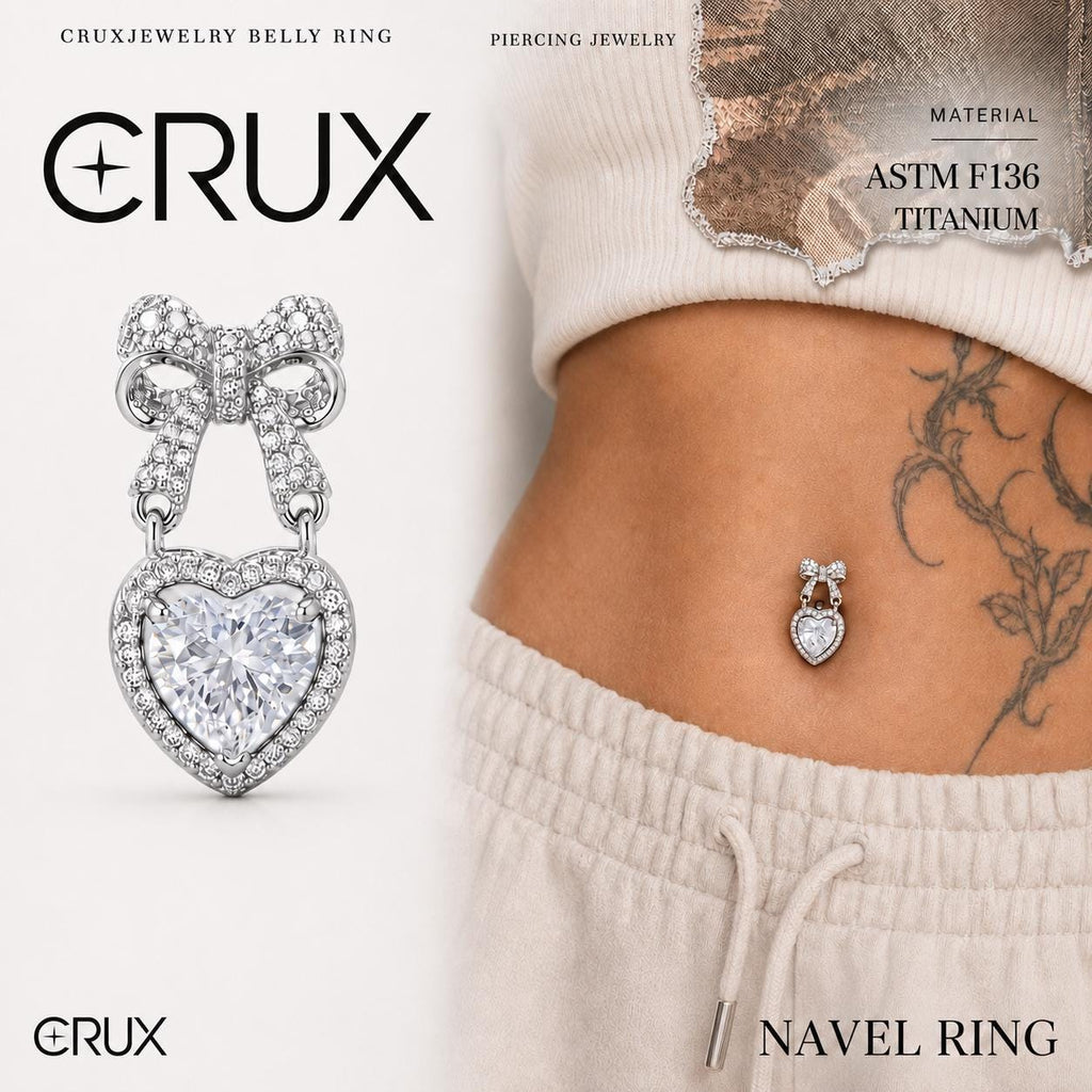 ASTM F136 Titanium Bow Heart Belly Button Ring｜14G Navel Piercing｜CZ Heart Dangle Navel Ring｜Externally Threaded｜Y2K Jewelry