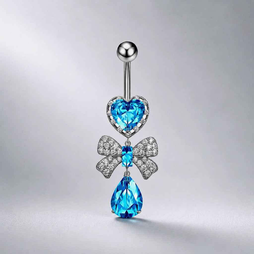 ASTM F136 Titanium Heart Bow Belly Button Ring｜14G Navel Piercing｜CZ Bow Dangle Navel Ring｜Externally Threaded｜Gift For Her