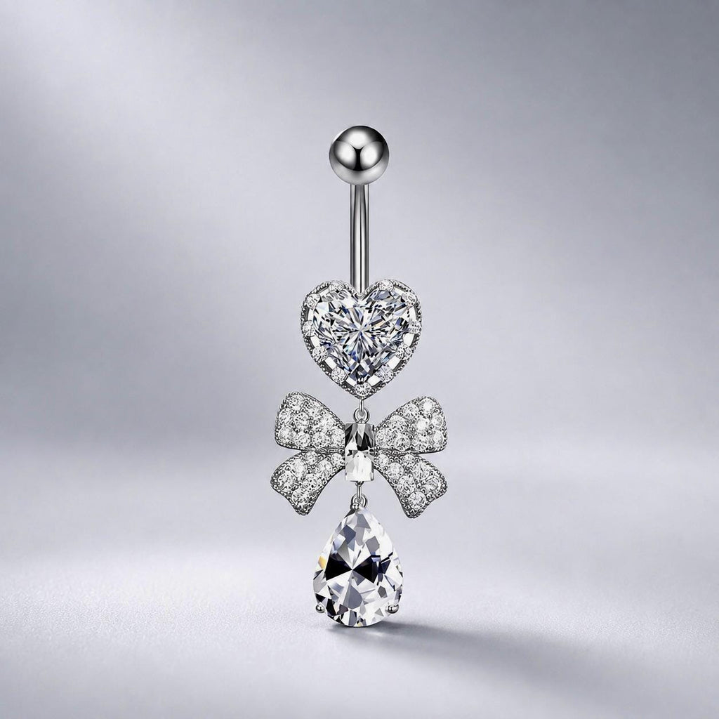 ASTM F136 Titanium Heart Bow Belly Button Ring｜14G Navel Piercing｜CZ Bow Dangle Navel Ring｜Externally Threaded｜Gift For Her