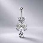 ASTM F136 Titanium Heart Bow Belly Button Ring｜14G Navel Piercing｜CZ Bow Dangle Navel Ring｜Externally Threaded｜Gift For Her