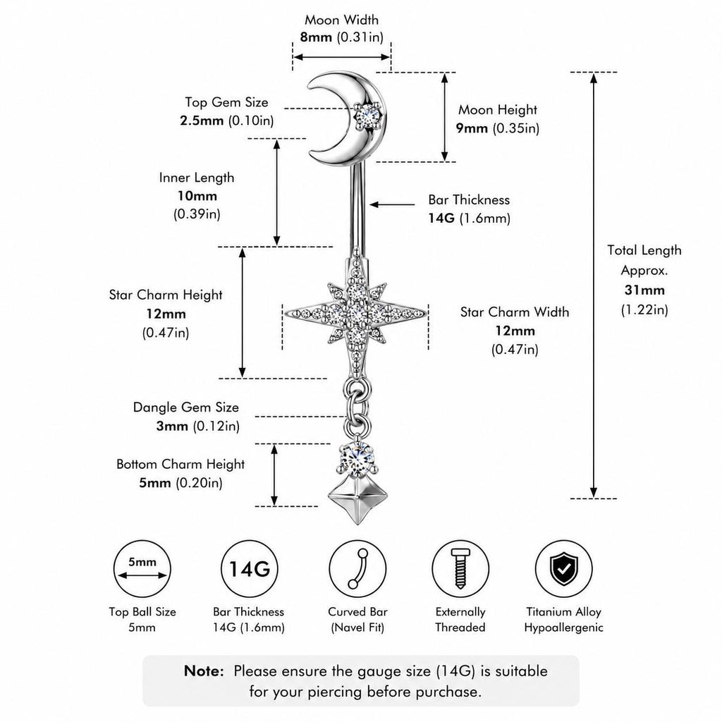 ASTM F136 Titanium Moon Star Belly Button Ring｜14G Navel Piercing｜CZ Celestial Dangle Navel Ring｜Externally Threaded｜Gothic Jewelry