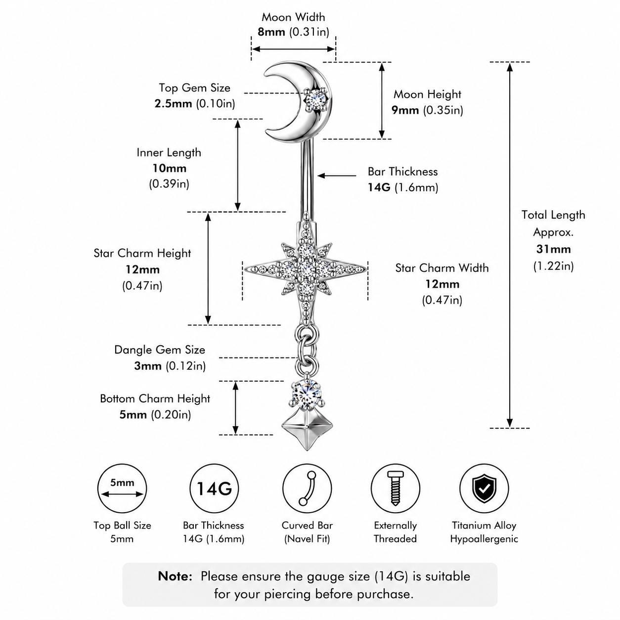 ASTM F136 Titanium Moon Star Belly Button Ring｜14G Navel Piercing｜CZ Celestial Dangle Navel Ring｜Externally Threaded｜Gothic Jewelry