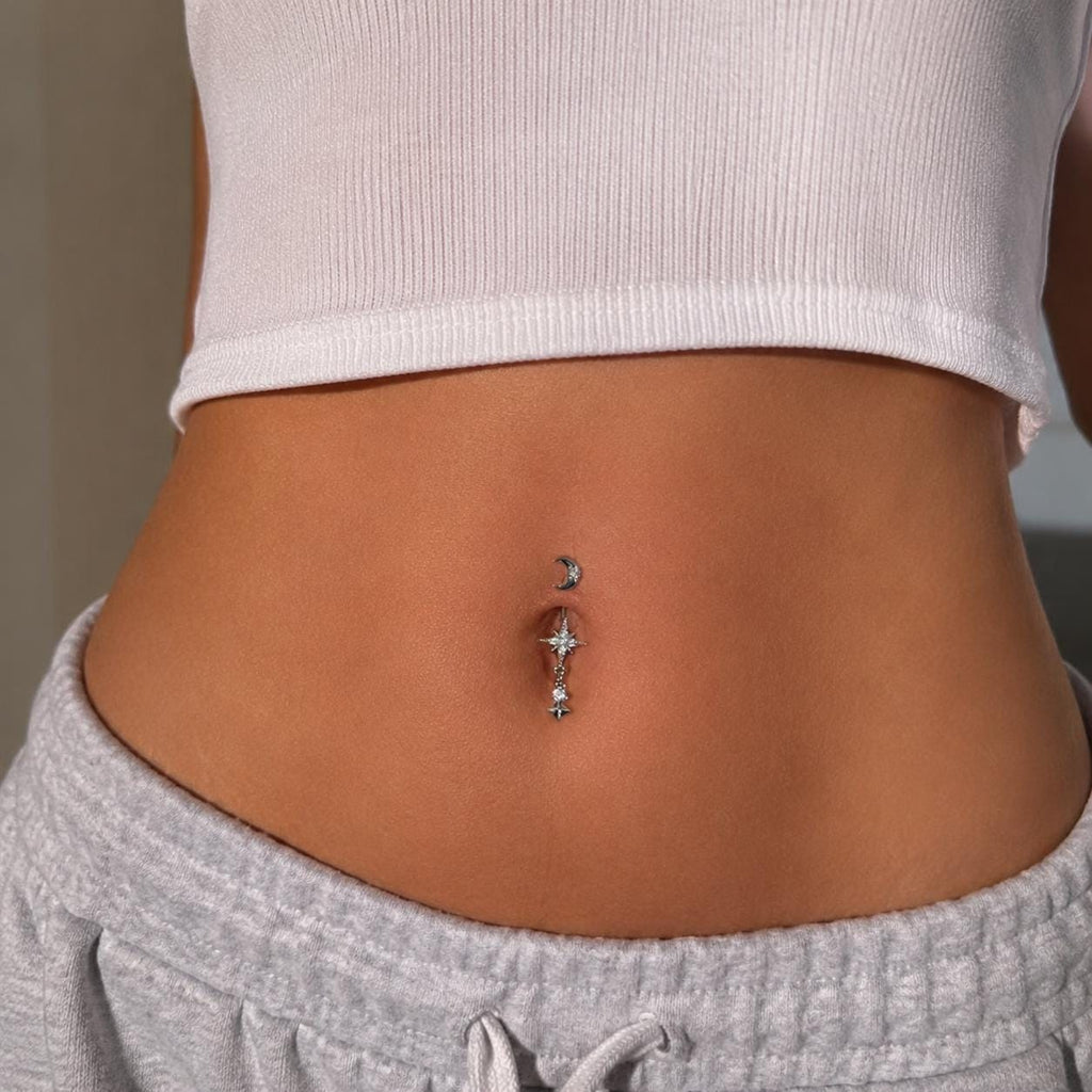 ASTM F136 Titanium Moon Star Belly Button Ring｜14G Navel Piercing｜CZ Celestial Dangle Navel Ring｜Externally Threaded｜Gothic Jewelry