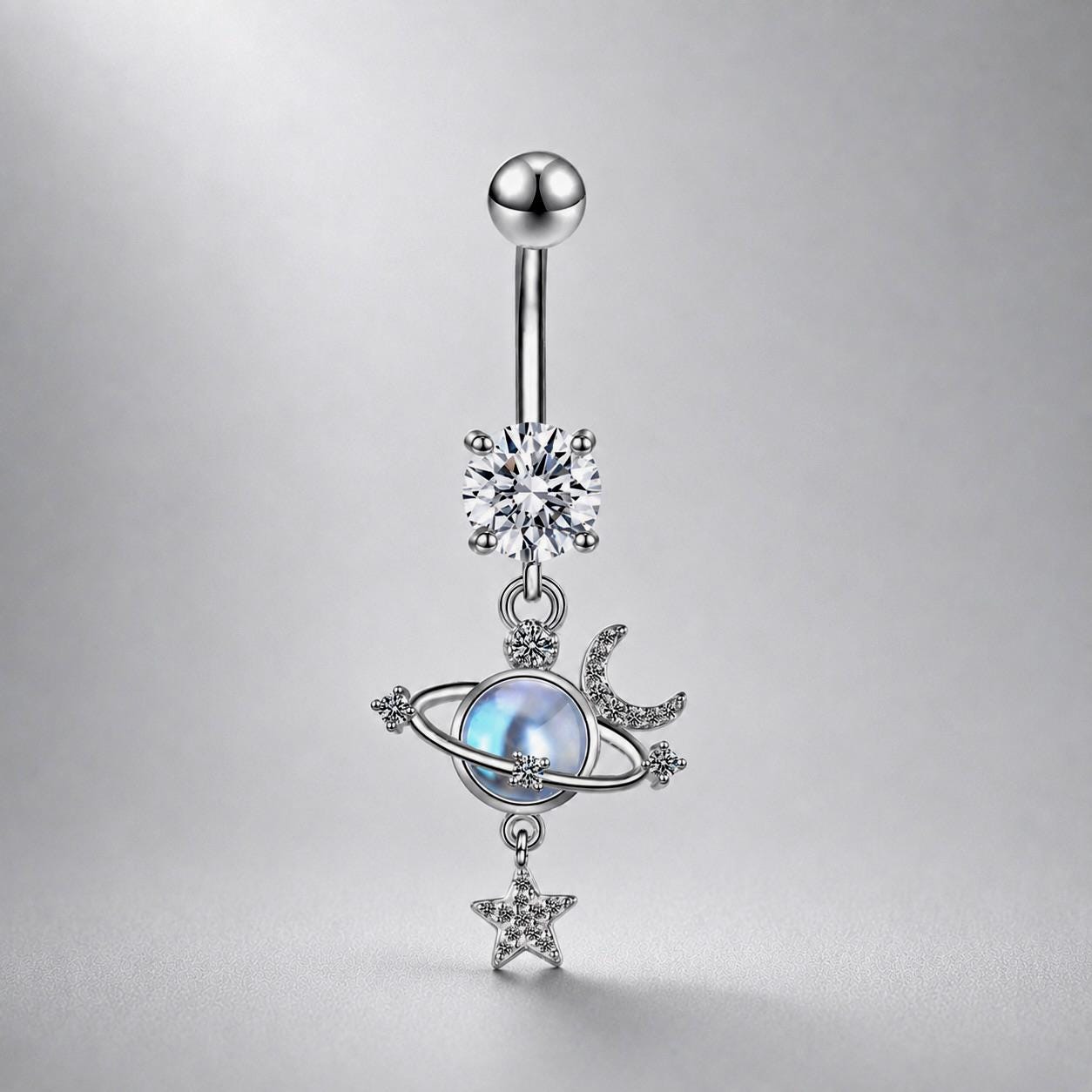ASTM F136 Titanium Planet Belly Button Ring｜14G Navel Piercing｜Opal Moon Star Dangle Navel Ring｜Gift For Her