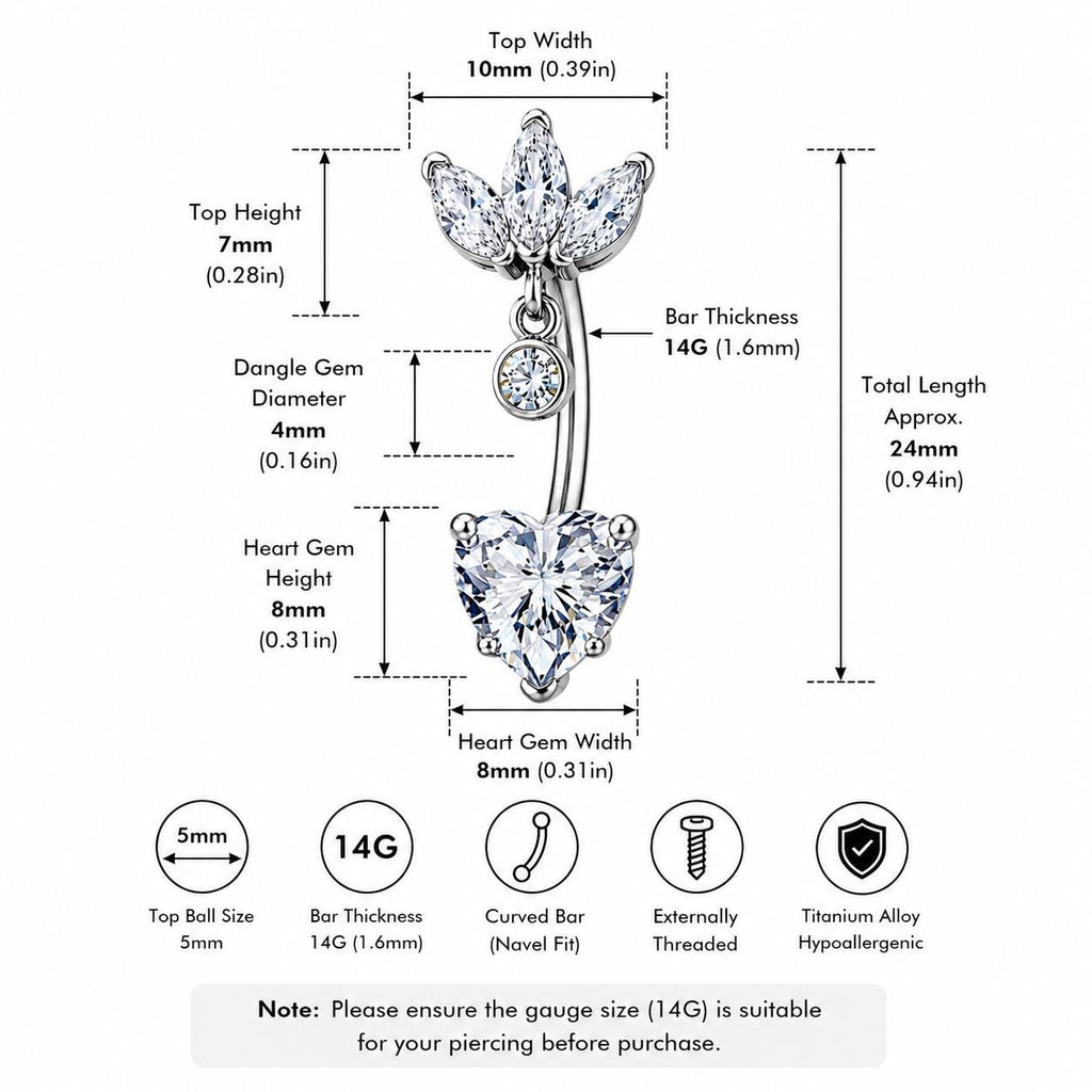 ASTM F136 Titanium Leaf Dangle Belly Ring｜14G Navel Piercing｜CZ Heart Crystal Navel Jewelry｜Externally Threaded｜Gift for Her