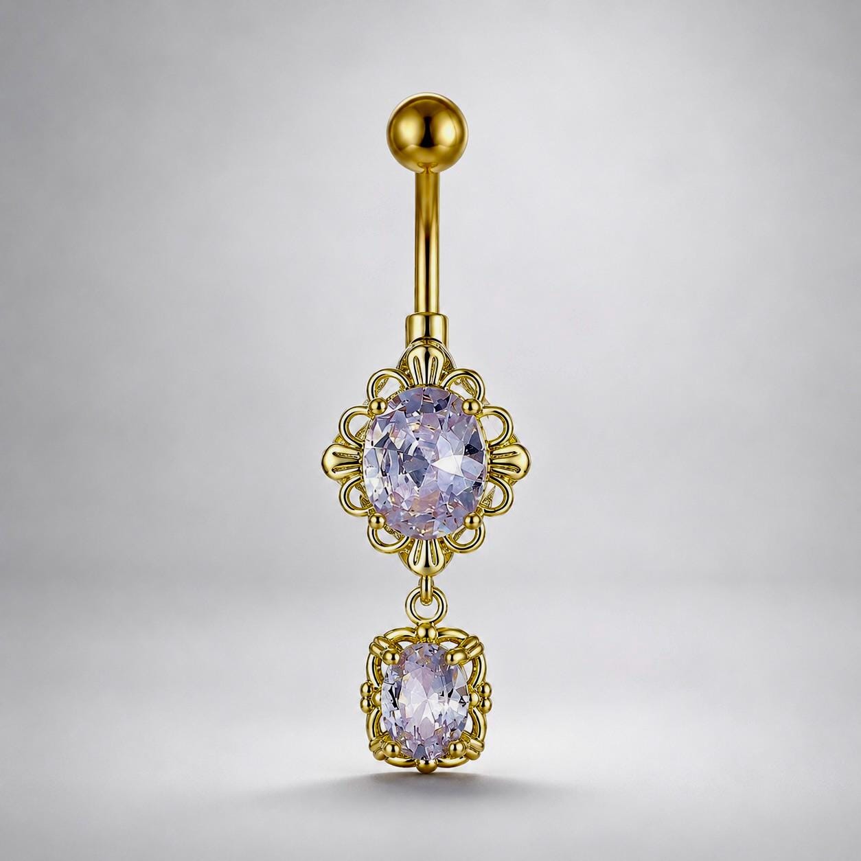 ASTM F136 Titanium Purple Gem Belly Button Ring｜14G Navel Piercing｜CZ Oval Dangle Navel Ring｜Externally Threaded｜Y2K Jewelry