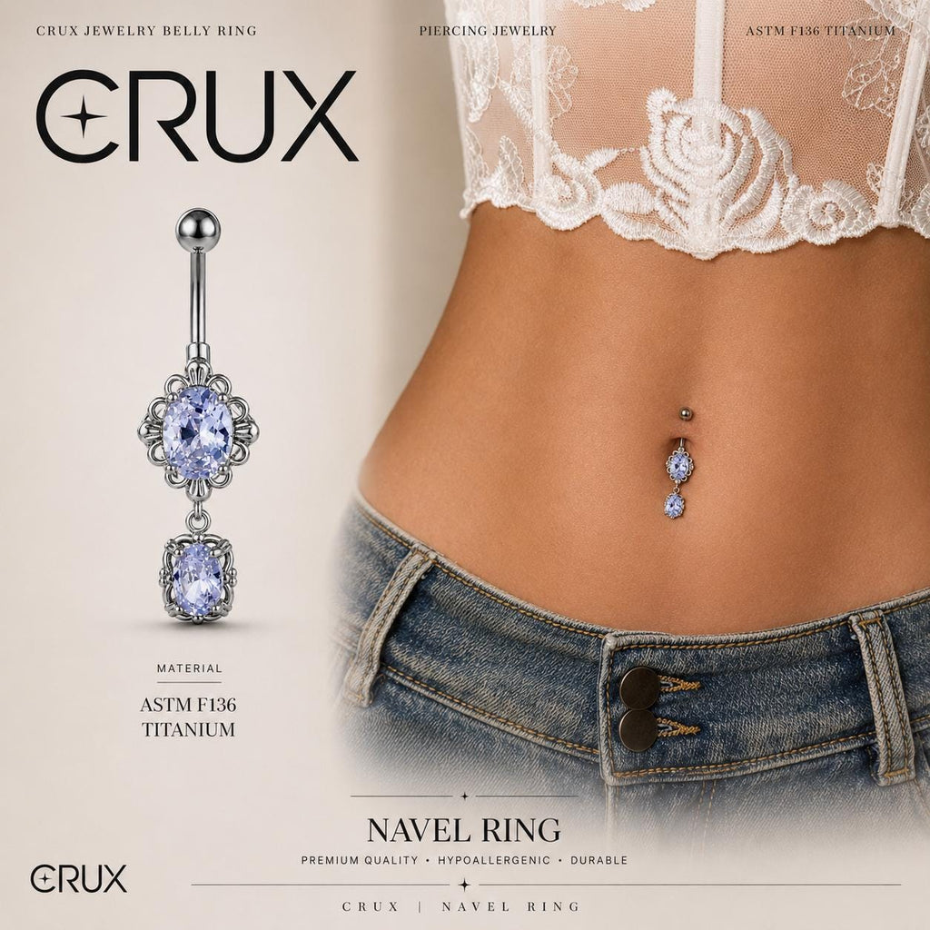 ASTM F136 Titanium Purple Gem Belly Button Ring｜14G Navel Piercing｜CZ Oval Dangle Navel Ring｜Externally Threaded｜Y2K Jewelry