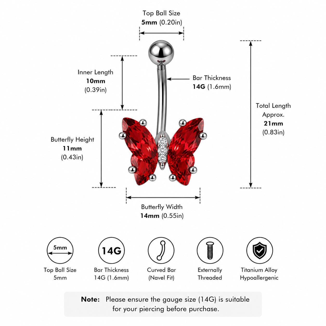 Titanium Butterfly Belly Button Ring｜14G Navel Piercing｜Crystal Butterfly Jewelry｜Y2K Fairycore Belly Ring｜Multiple Sizes