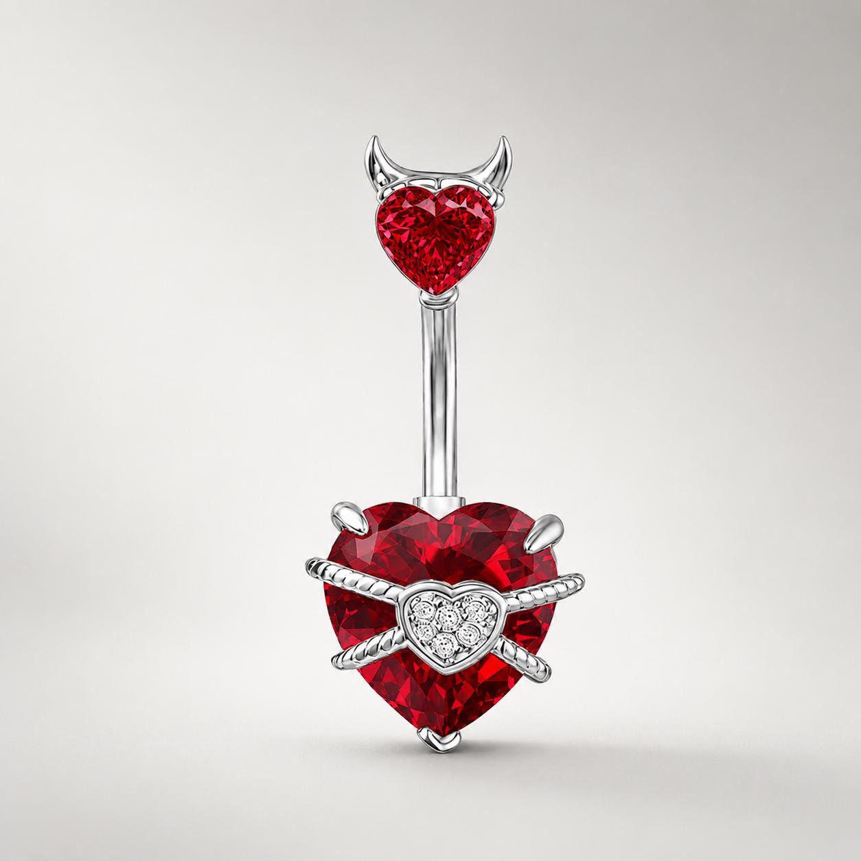 ASTM F136 Titanium Heart Belly Button Ring｜14G Navel Piercing｜Devil Horn CZ Belly Ring｜Externally Threaded