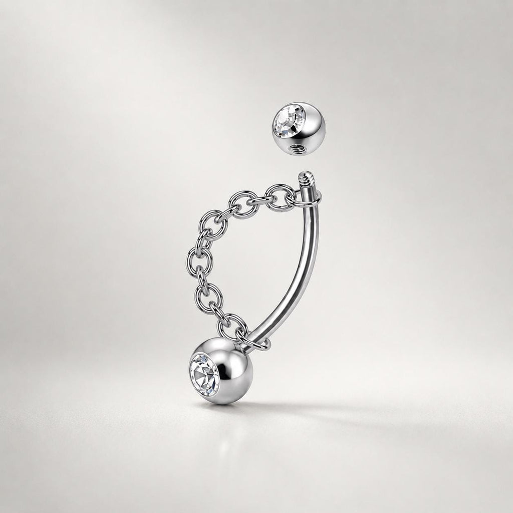 ASTM F136 Titanium Chain Eyebrow Ring, 16G Curved Barbell, Silver Ball Chain Brow Piercing Jewelry, Punk Rook Vertical Labret