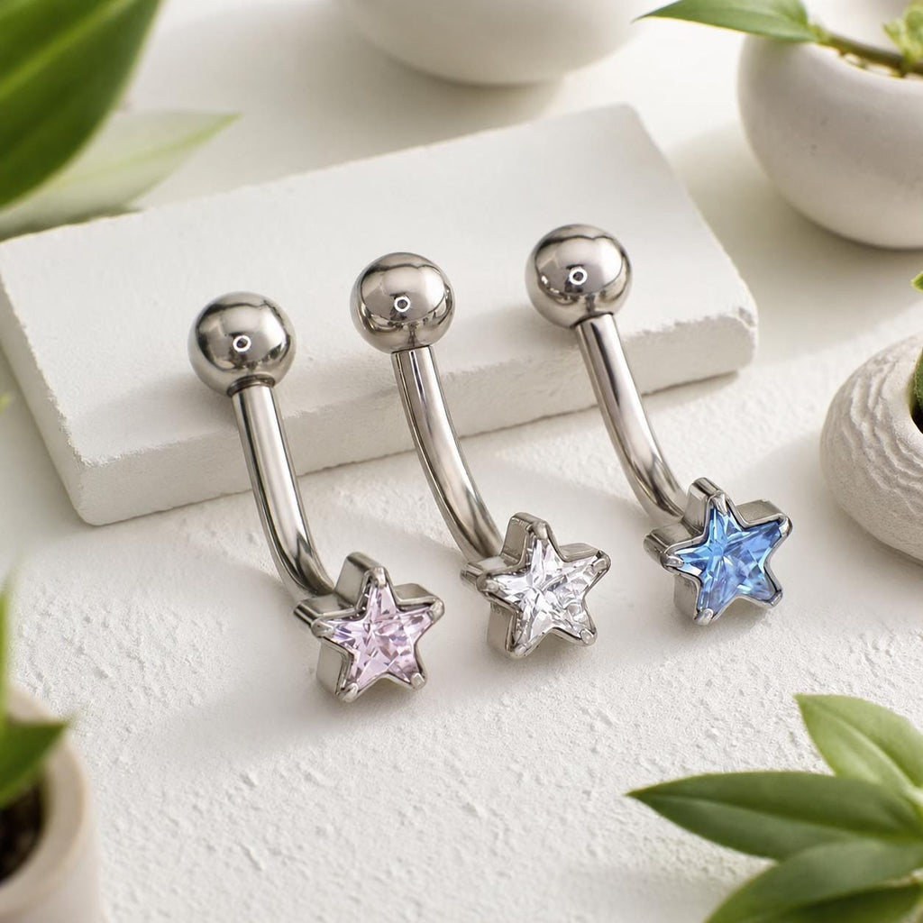 ASTM F136 Titanium Star Eyebrow Ring, 16G Curved Barbell, CZ Star Brow Piercing Jewelry, Pink Clear Blue Rook Vertical Labret