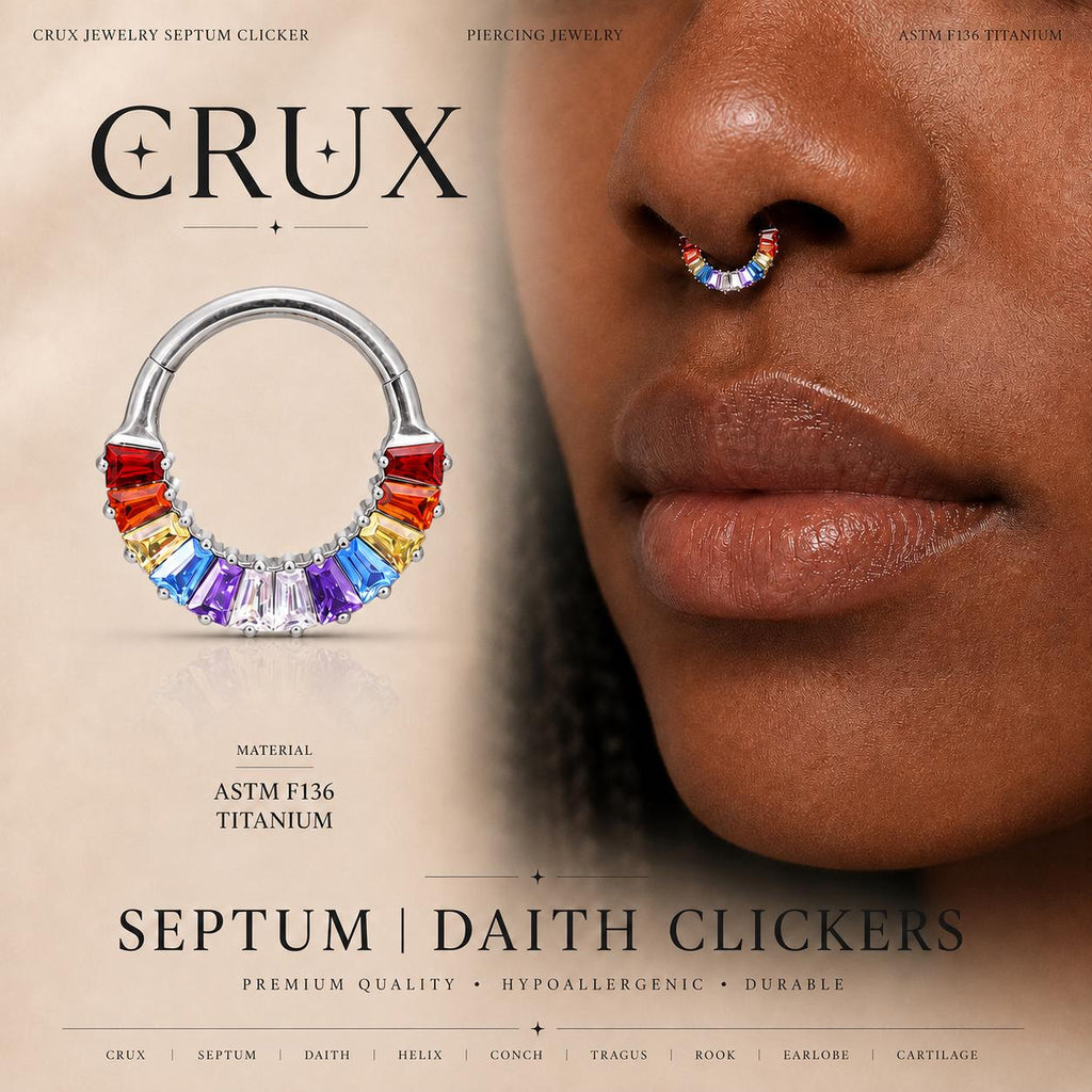 16G Rainbow Baguette Clicker Ring | Titanium Septum Jewelry | CZ Daith Hoop | Helix Cartilage Gift for Her