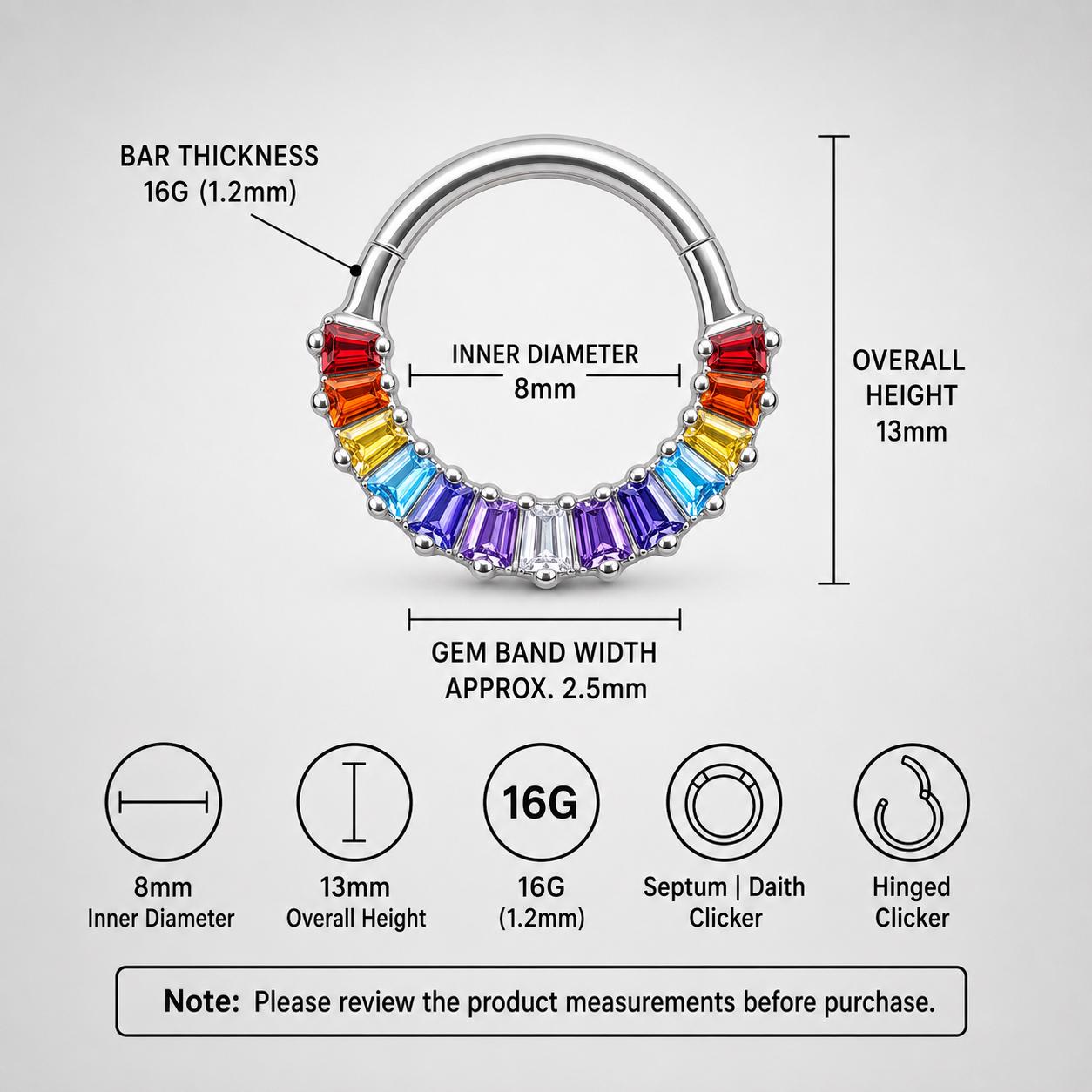 16G Rainbow Baguette Clicker Ring | Titanium Septum Jewelry | CZ Daith Hoop | Helix Cartilage Gift for Her - Image 6
