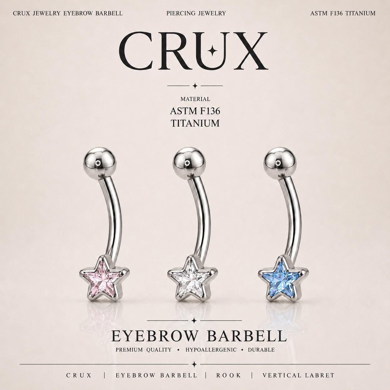 ASTM F136 Titanium Star Eyebrow Ring, 16G Curved Barbell, CZ Star Brow Piercing Jewelry, Pink Clear Blue Rook Vertical Labret