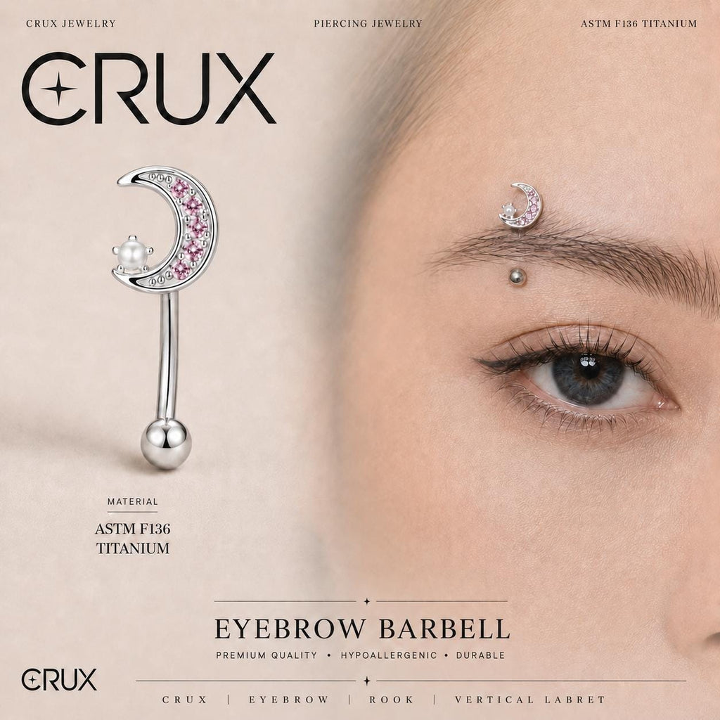 ASTM F136 Titanium Moon Pearl Eyebrow Ring, 16G Straight Barbell, Pink CZ Crescent Brow Piercing Jewelry, Rook Vertical Labret