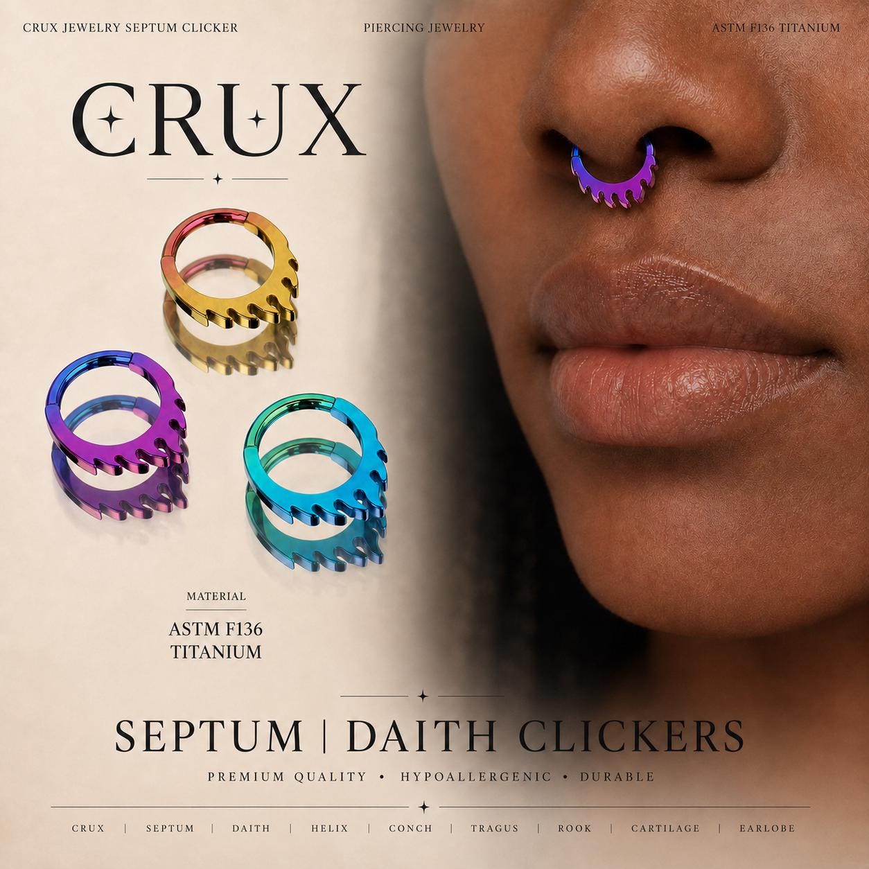 ASTM F136 Titanium Dripping Septum Ring｜16G Hinged Clicker｜Rainbow Melt Daith Jewelry｜Hypoallergenic｜Helix Conch Rook