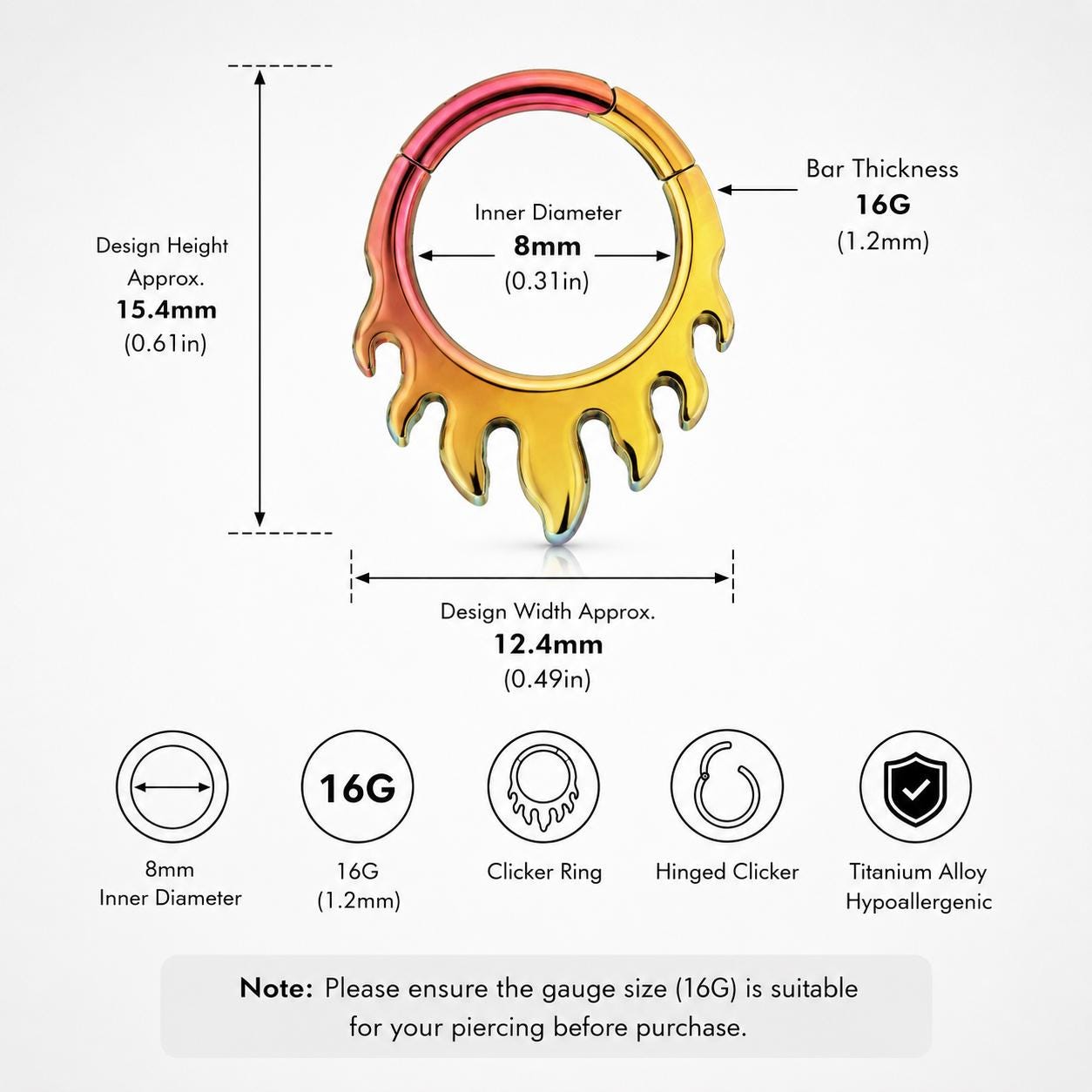 ASTM F136 Titanium Dripping Septum Ring｜16G Hinged Clicker｜Rainbow Melt Daith Jewelry｜Hypoallergenic｜Helix Conch Rook - Image 7
