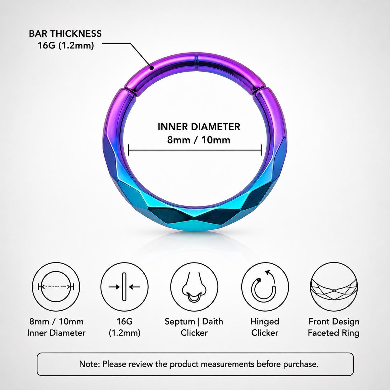 ASTM F136 Titanium Faceted Rainbow Septum Ring｜16G Hinged Clicker｜Geometric Daith Jewelry｜Hypoallergenic｜Helix Conch Rook - Image 9