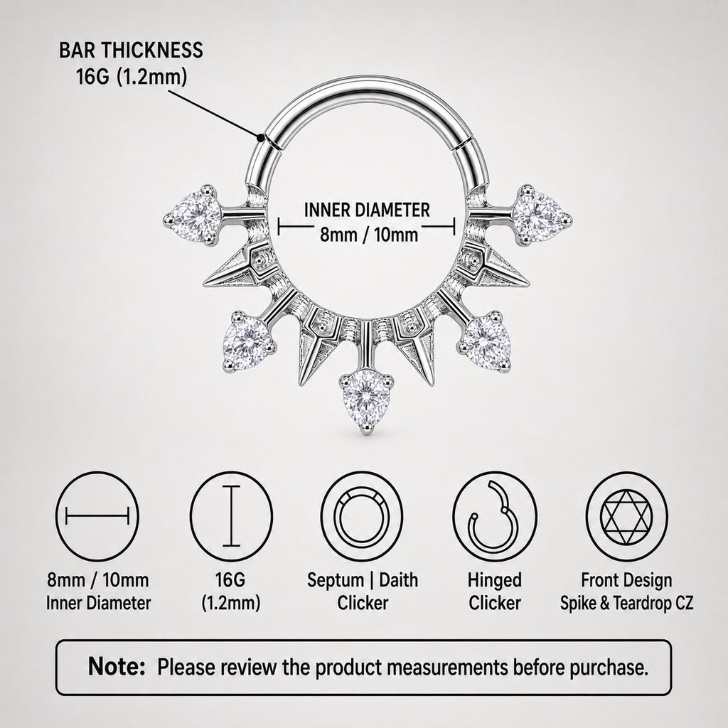 ASTM F136 Titanium Spike CZ Septum Ring｜16G Hinged Clicker｜Gothic Daith Jewelry｜Hypoallergenic｜Helix Conch Rook Cartilage - Image 9