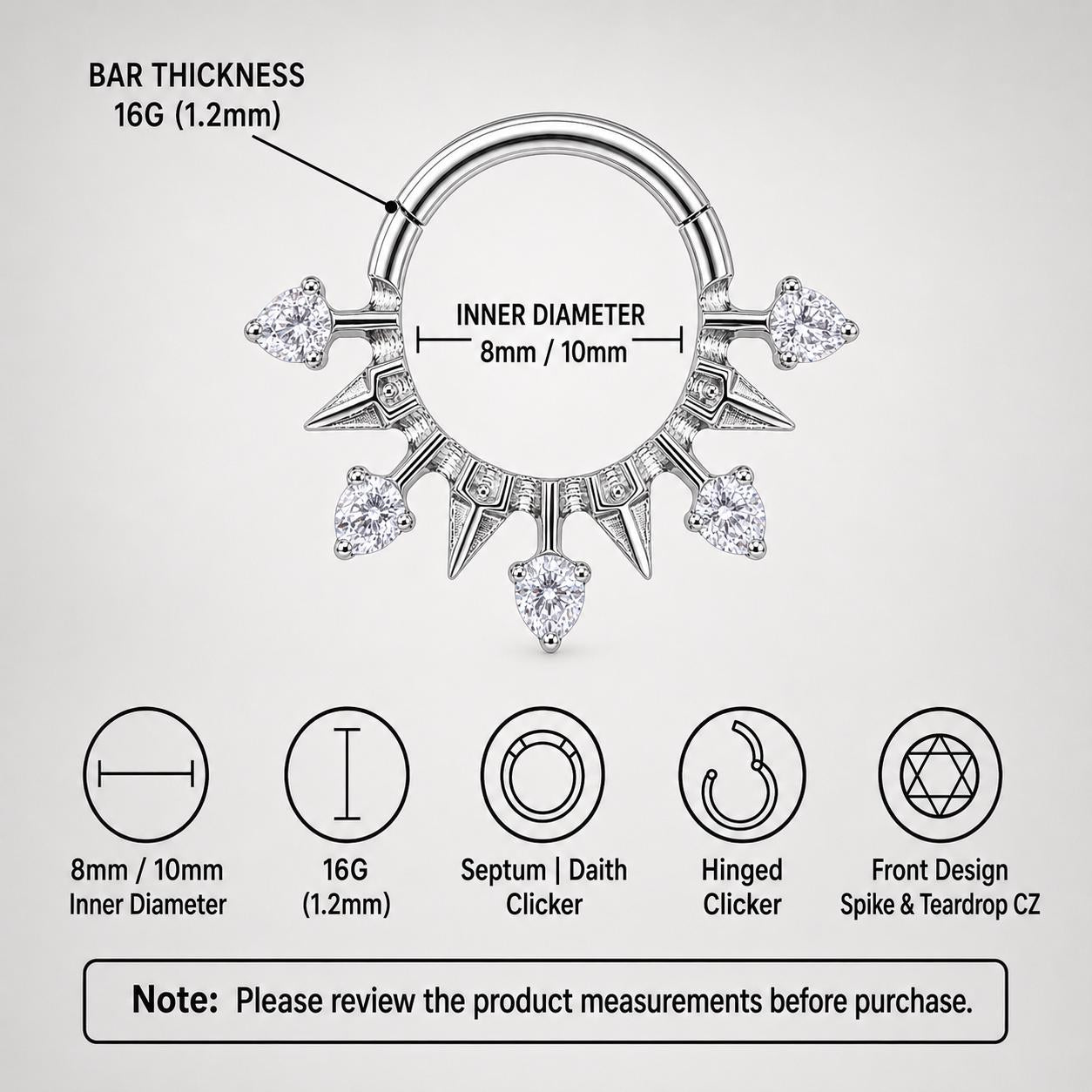 ASTM F136 Titanium Spike CZ Septum Ring｜16G Hinged Clicker｜Gothic Daith Jewelry｜Hypoallergenic｜Helix Conch Rook Cartilage - Image 9