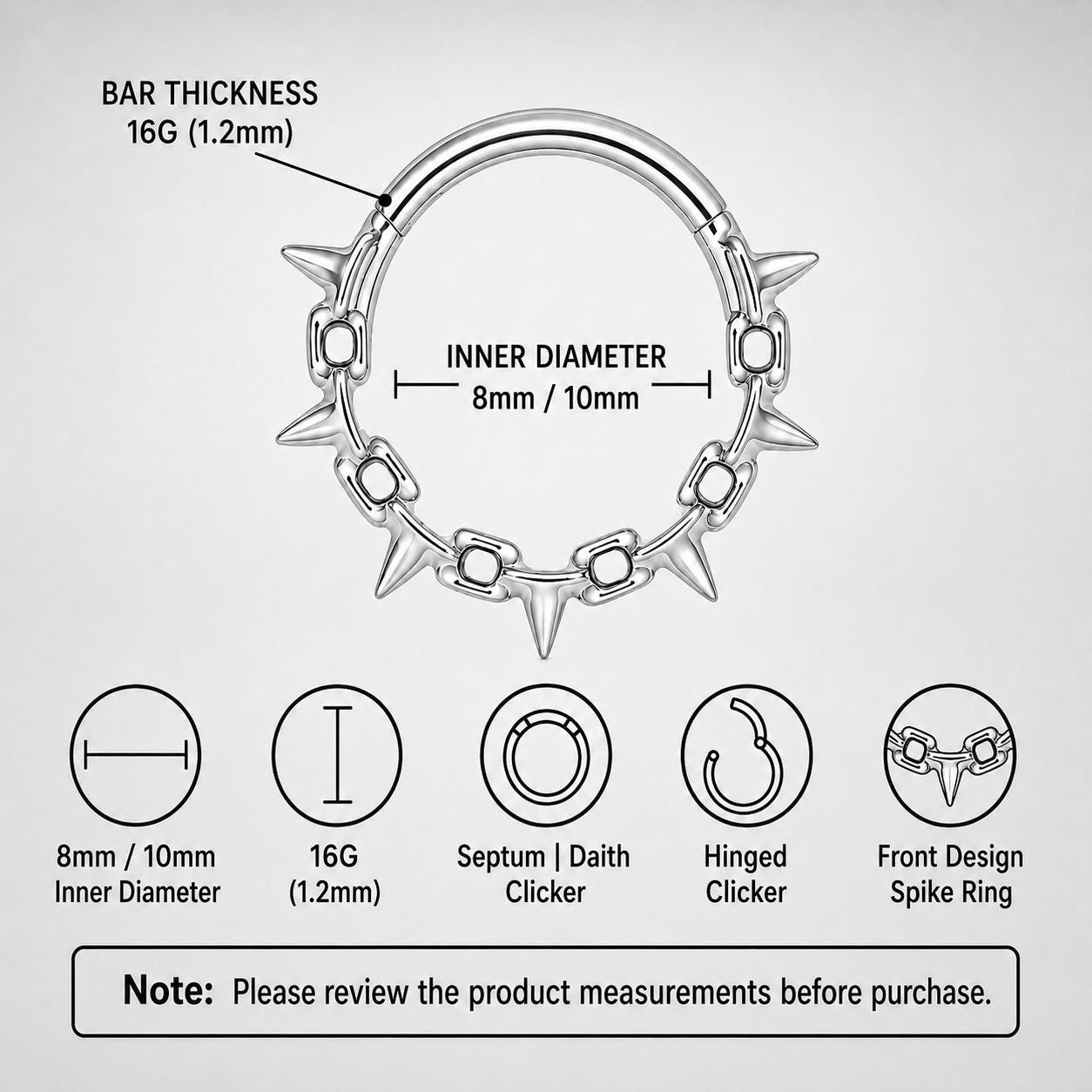 ASTM F136 Titanium Thorn Spike Septum Ring｜16G Hinged Clicker｜Gothic Daith Jewelry｜Hypoallergenic｜Helix Conch Rook Cartilage - Image 5