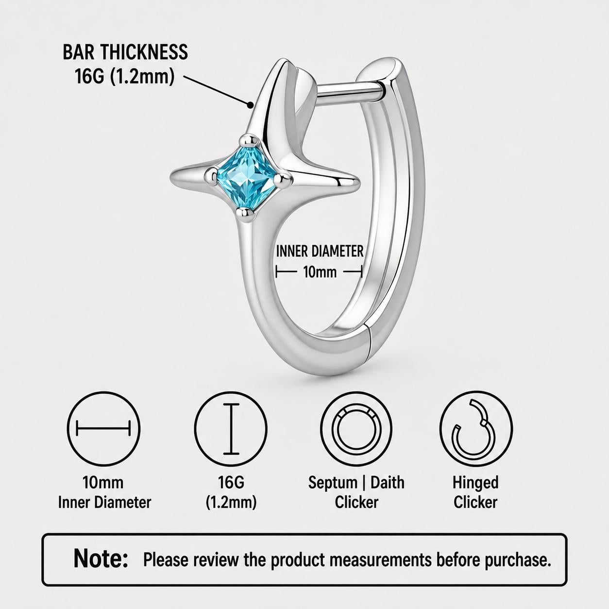 ASTM F136 Titanium North Star Septum Ring｜16G Hinged Clicker｜Blue CZ Daith Jewelry｜Hypoallergenic｜Helix Conch Rook Cartilage - Image 7
