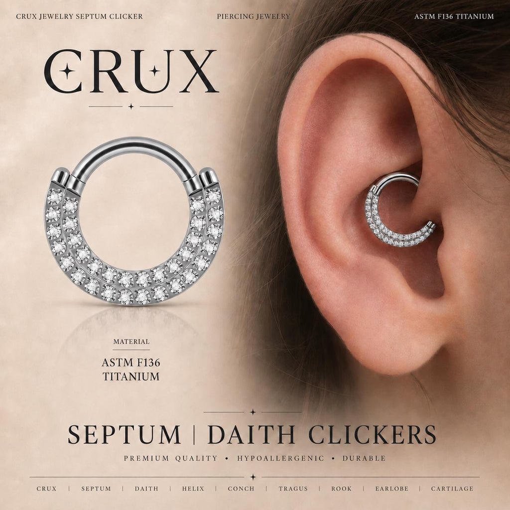 ASTM F136 Titanium Pavé CZ Septum Ring｜16G Double Row Hinged Clicker｜Sparkling Daith Jewelry｜Hypoallergenic｜Helix Conch Rook Cartilage