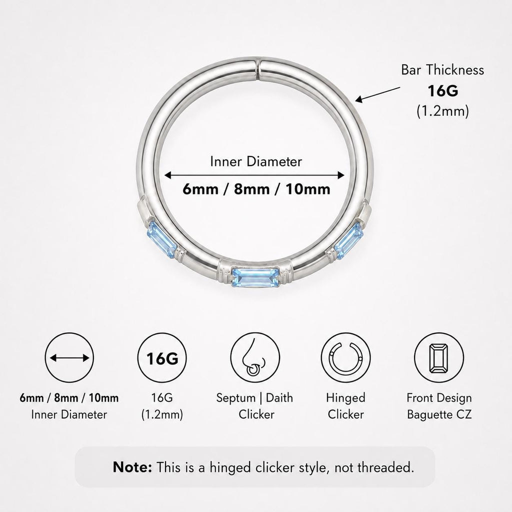 ASTM F136 Titanium Baguette CZ Septum Ring｜16G Hinged Clicker｜Colorful Crystal Daith Jewelry｜Hypoallergenic｜Helix Conch Rook - Image 7