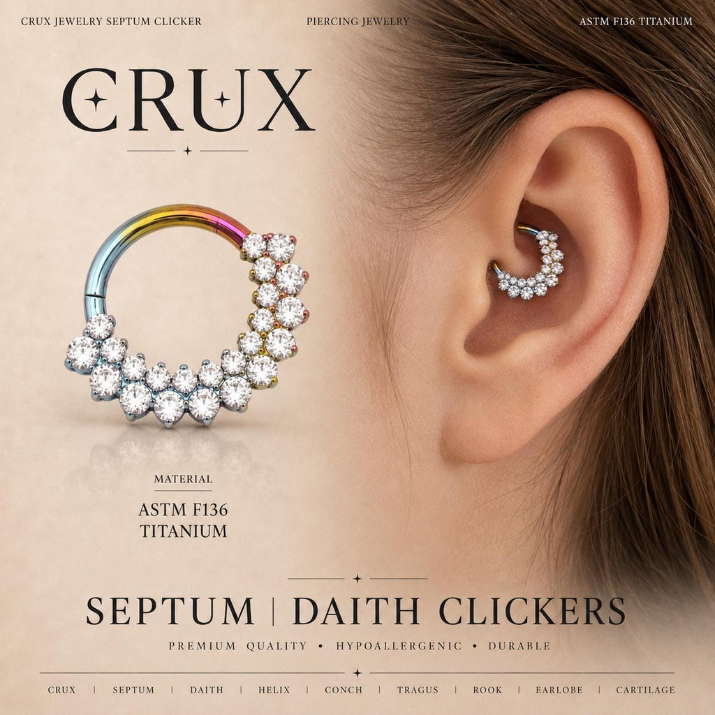 ASTM F136 Titanium Rainbow CZ Septum Ring｜16G Double Row Hinged Clicker｜Sparkling Daith Jewelry｜Hypoallergenic｜Helix Conch Rook Cartilage