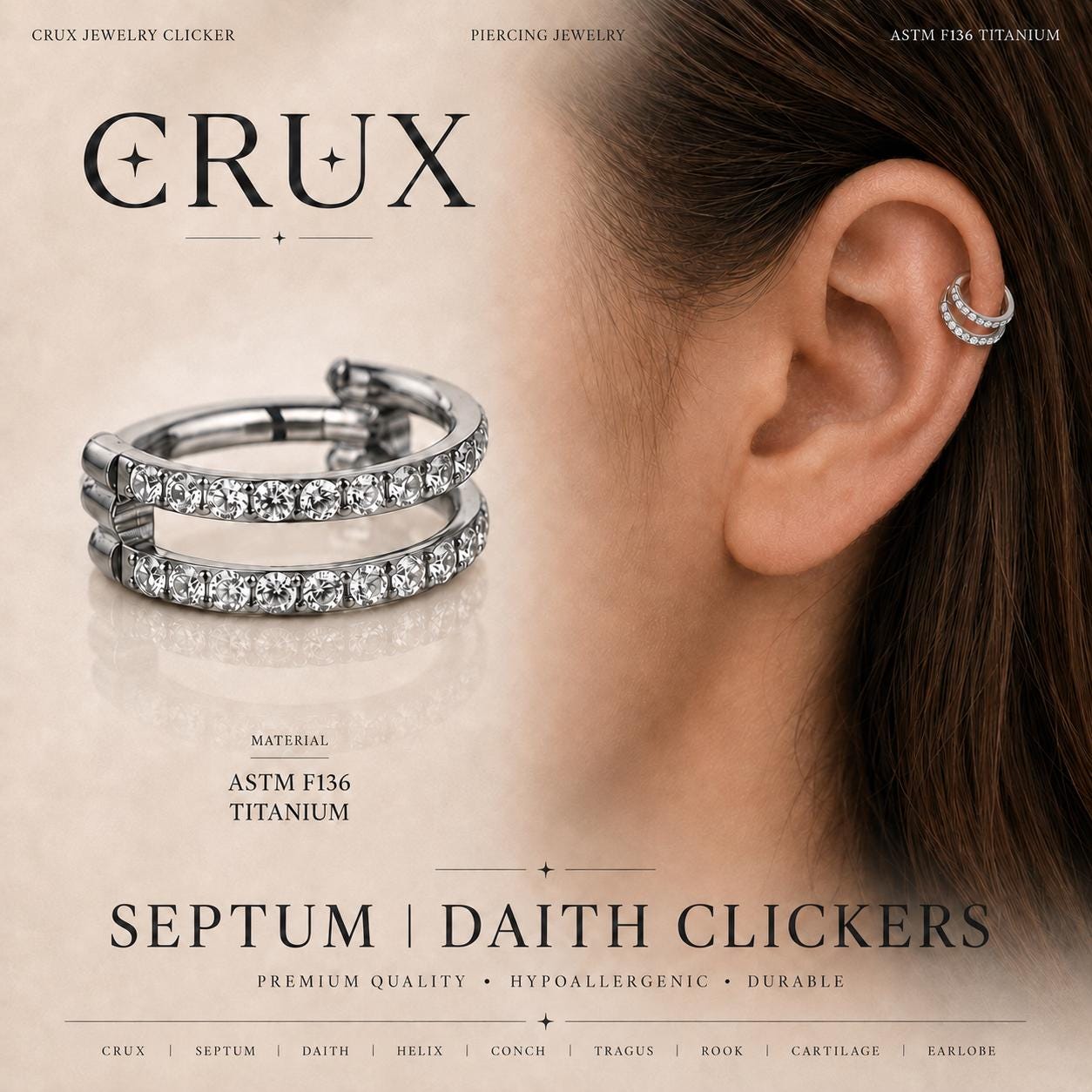 ASTM F136 Titanium Double Row CZ Septum Ring｜16G Hinged Clicker｜Sparkling Daith Jewelry｜Hypoallergenic｜Helix Conch Rook Cartilage