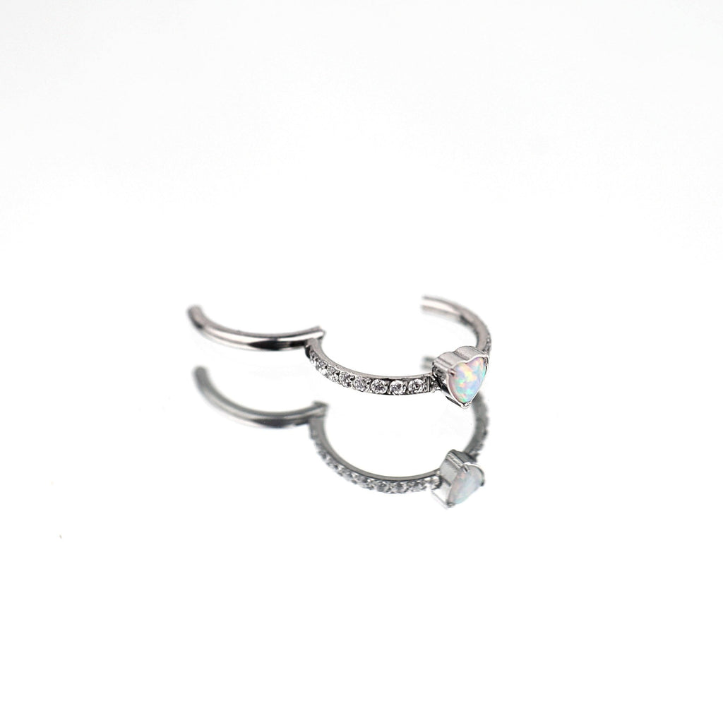 ASTM F136 Titanium Opal Heart Septum Ring｜16G Hinged Clicker｜Sparkling CZ Daith Jewelry｜Hypoallergenic｜Helix Conch Rook Cartilage - Image 3