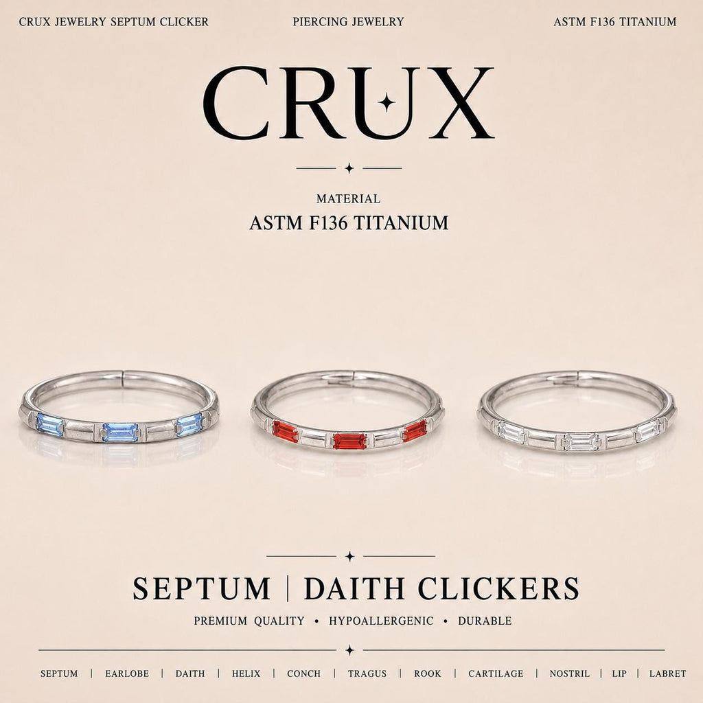 ASTM F136 Titanium Baguette CZ Septum Ring｜16G Hinged Clicker｜Colorful Crystal Daith Jewelry｜Hypoallergenic｜Helix Conch Rook