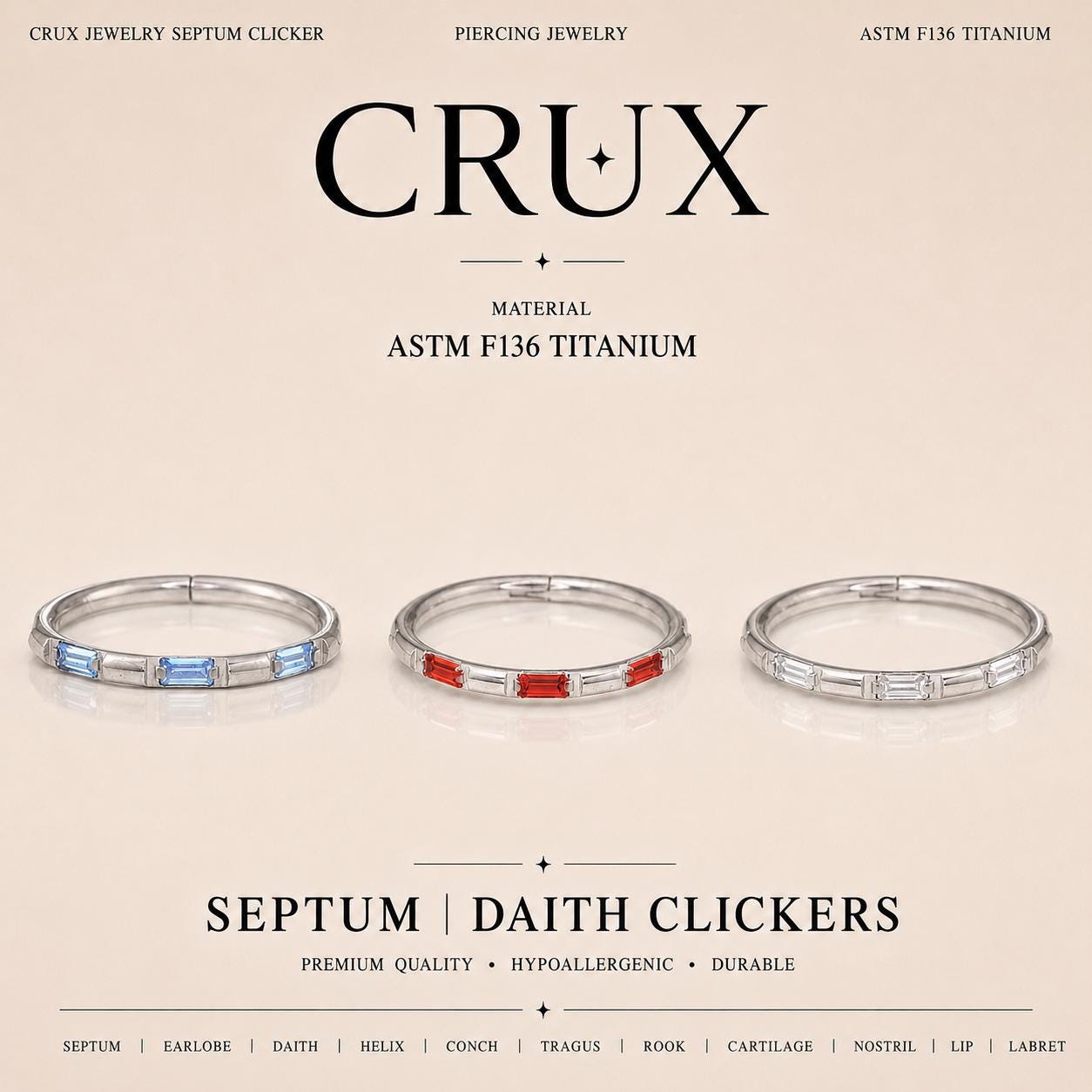 ASTM F136 Titanium Baguette CZ Septum Ring｜16G Hinged Clicker｜Colorful Crystal Daith Jewelry｜Hypoallergenic｜Helix Conch Rook