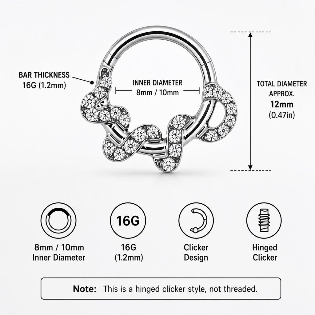 ASTM F136 Titanium Snake Septum Ring｜16G Hinged Clicker｜Sparkling CZ Serpent Daith Jewelry｜Hypoallergenic｜Helix Conch Rook - Image 10
