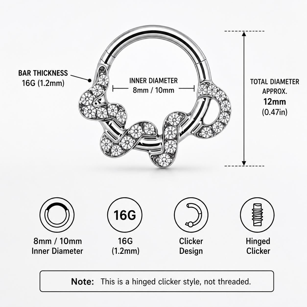 ASTM F136 Titanium Snake Septum Ring｜16G Hinged Clicker｜Sparkling CZ Serpent Daith Jewelry｜Hypoallergenic｜Helix Conch Rook - Image 10
