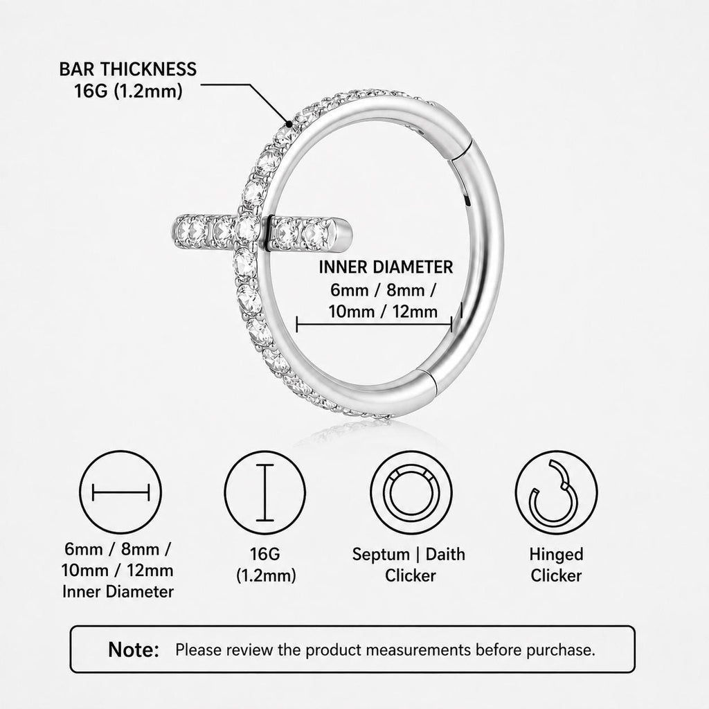 ASTM F136 Titanium Cross CZ Septum Ring｜16G Hinged Clicker｜Sparkling X-Shaped Daith Jewelry｜Hypoallergenic｜Helix Conch Rook Cartilage - Image 9