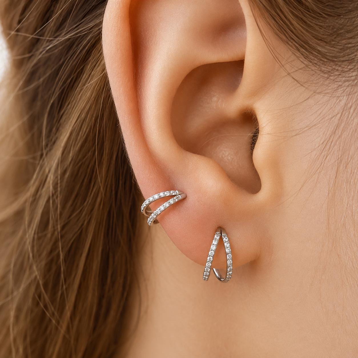 ASTM F136 Titanium Double & Triple Row CZ Septum Ring｜16G Hinged Clicker｜Stacked Daith Jewelry｜Hypoallergenic｜Helix Conch Rook Cartilage - Image 2