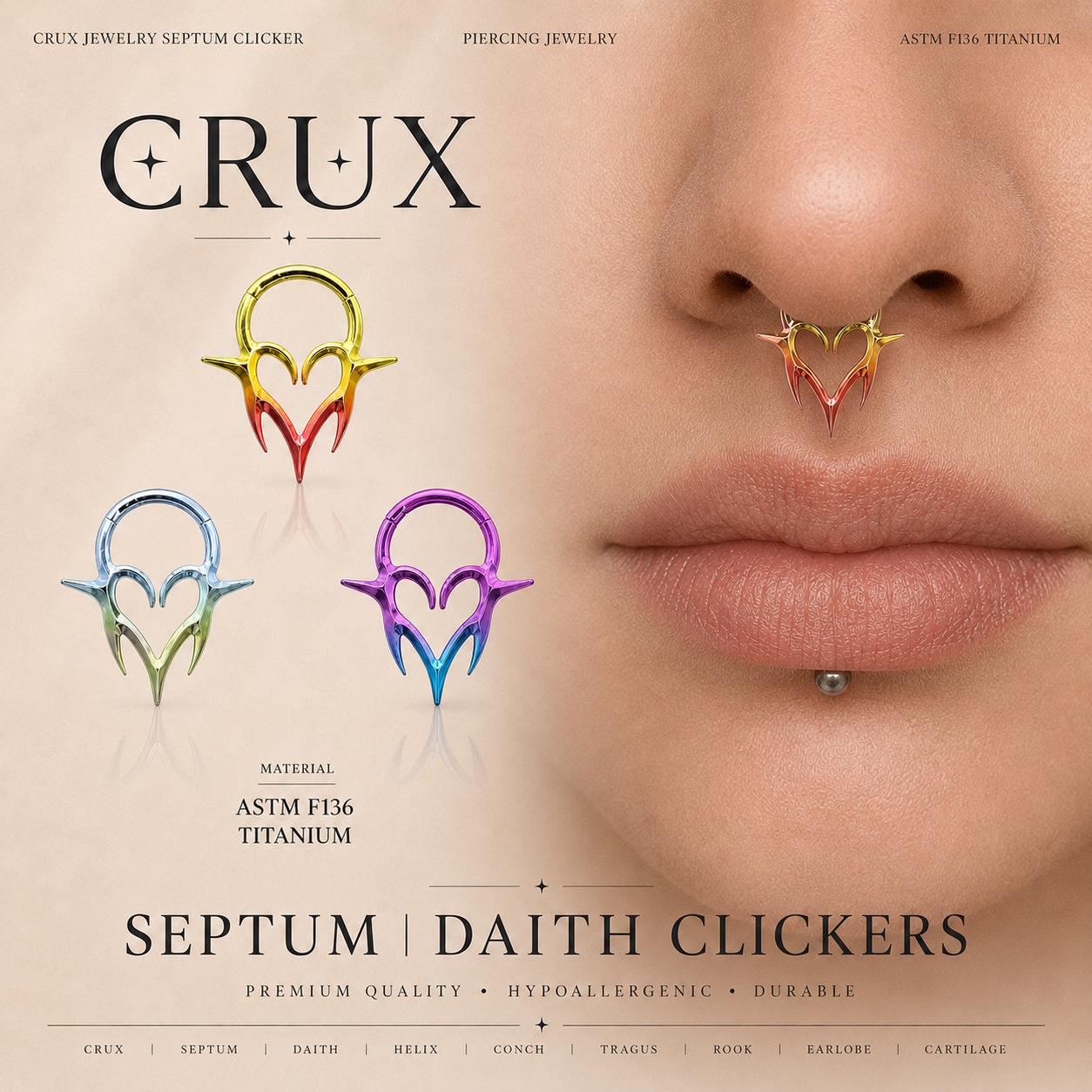 16G Titanium Vampire Fang Heart Clicker Ring | Gothic Heart Septum Daith Helix Cartilage Hoop Piercing Jewelry Halloween Gift for Her Him