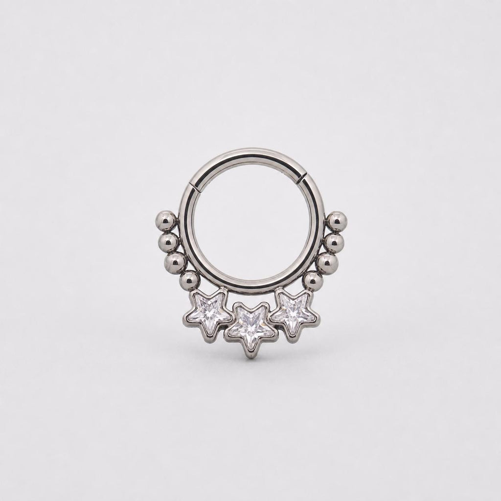 ASTM F136 Titanium Triple Star Septum Ring｜16G Hinged Clicker｜Sparkling CZ Daith Jewelry｜Hypoallergenic｜Helix Conch Rook - Image 6