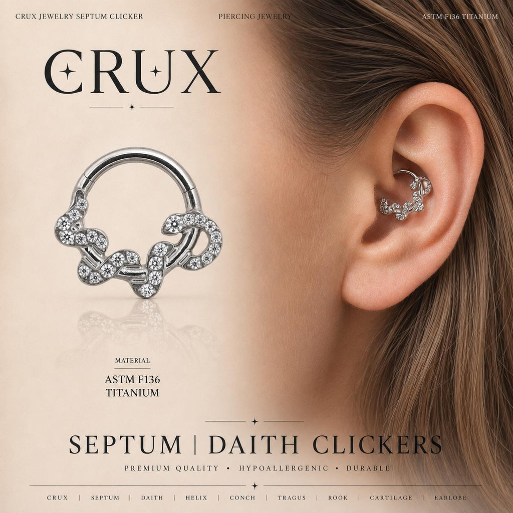 ASTM F136 Titanium Snake Septum Ring｜16G Hinged Clicker｜Sparkling CZ Serpent Daith Jewelry｜Hypoallergenic｜Helix Conch Rook