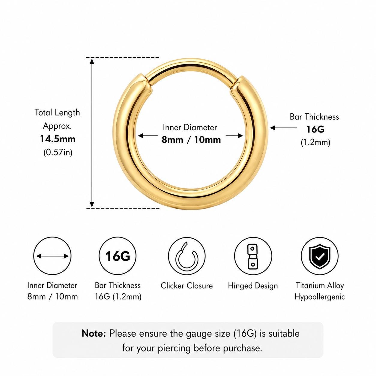 ASTM F136 Titanium Chunky Gold Septum Ring｜16G Hinged Clicker｜Minimalist Hoop Daith Jewelry｜Hypoallergenic｜Helix Conch Rook - Image 8