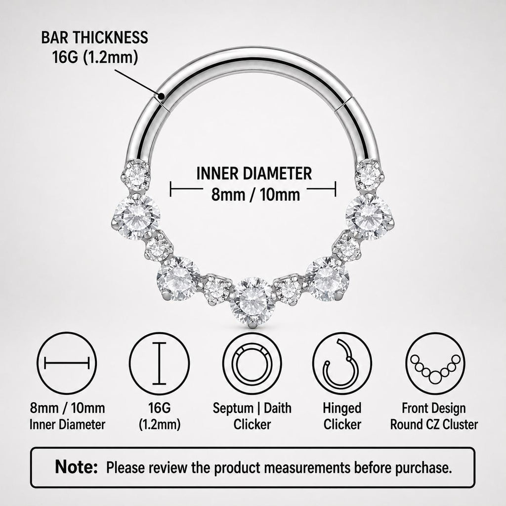 ASTM F136 Titanium Graduated CZ Septum Ring｜16G Hinged Clicker｜Sparkling Daith Jewelry｜Hypoallergenic｜Helix Conch Rook Cartilage - Image 7