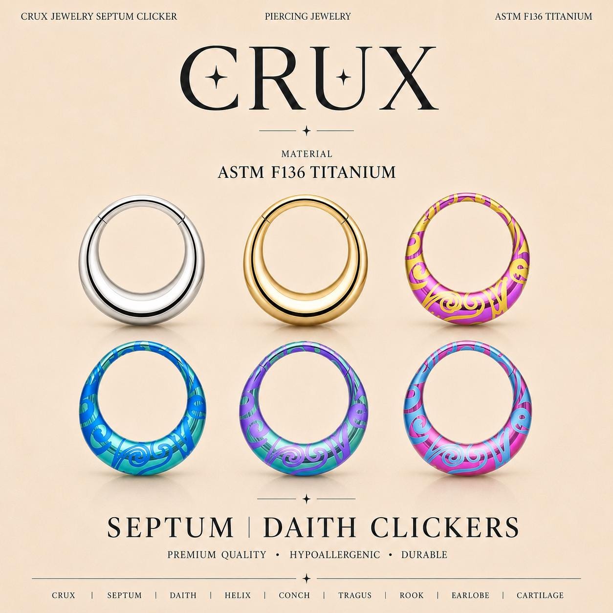 ASTM F136 Titanium Crescent Septum Ring｜16G Hinged Clicker｜Colorful Tribal Swirl Daith Jewelry｜Helix Conch Rook Cartilage
