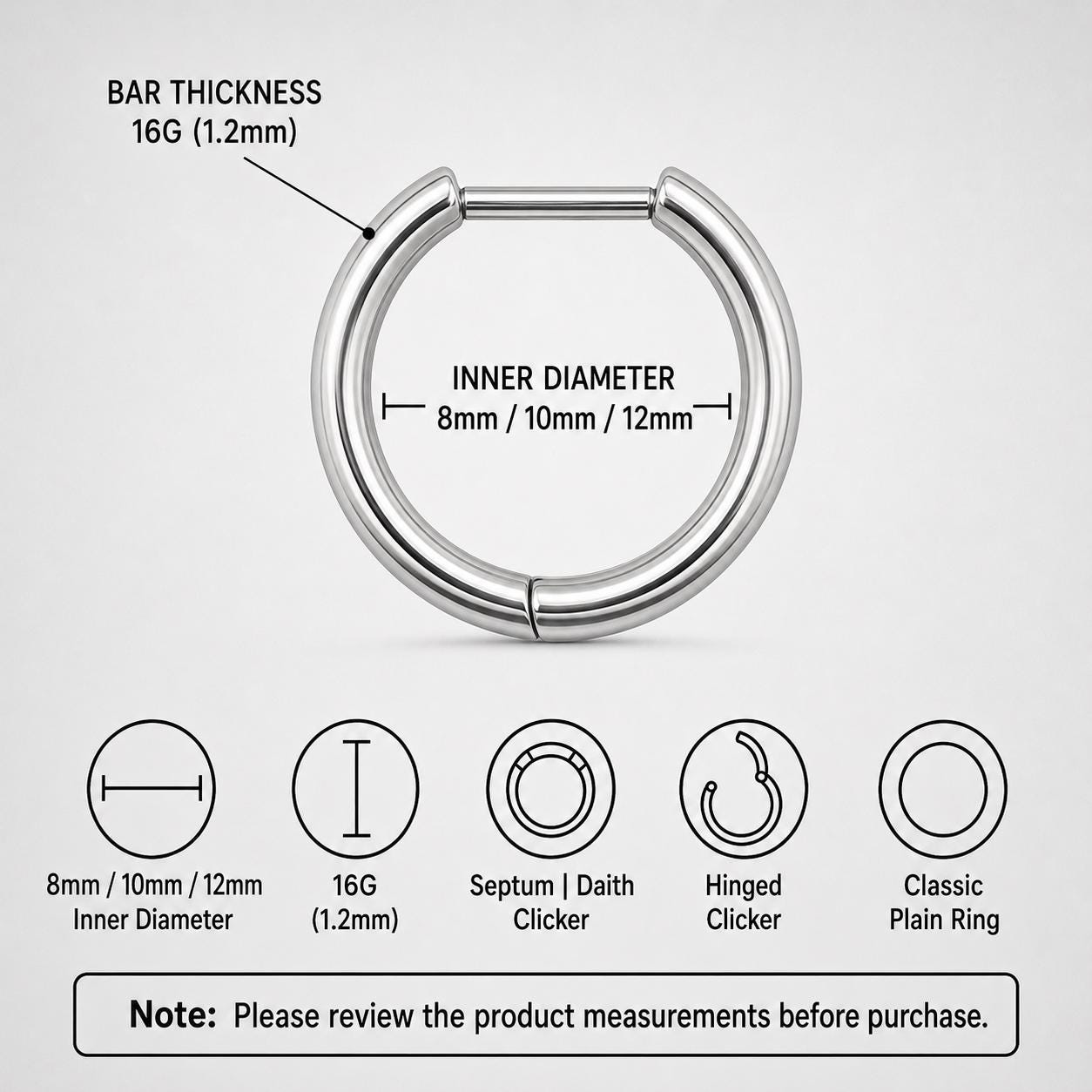 ASTM F136 Titanium Septum Ring｜16G Hinged Clicker Hoop｜Minimalist Daith Jewelry｜Hypoallergenic｜Helix Conch Rook Cartilage - Image 7