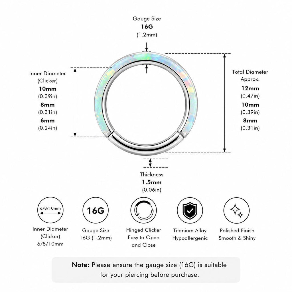 ASTM F136 Titanium Opal Septum Ring｜16G Hinged Clicker｜Colorful Opal Daith Jewelry｜Hypoallergenic｜Helix Conch Rook Cartilage - Image 9