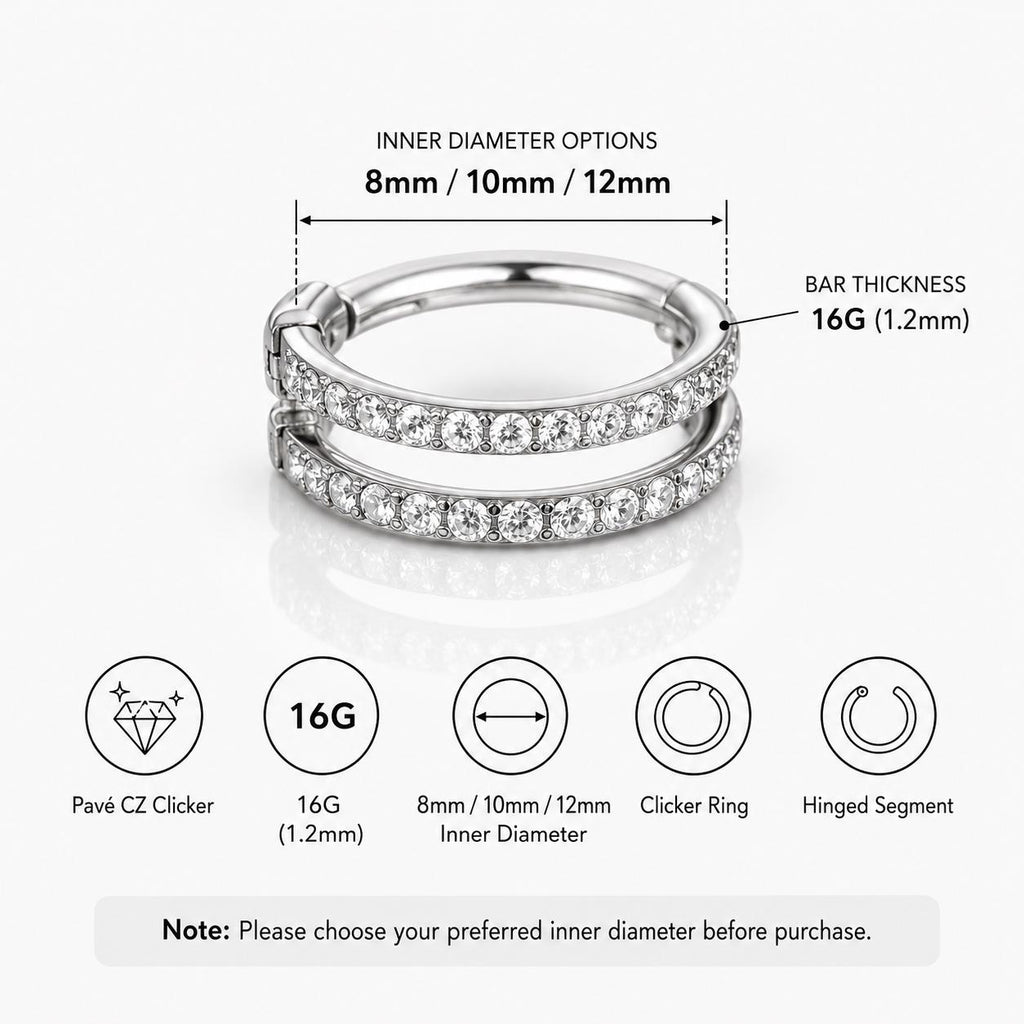 ASTM F136 Titanium Double Row CZ Septum Ring｜16G Hinged Clicker｜Sparkling Daith Jewelry｜Hypoallergenic｜Helix Conch Rook Cartilage - Image 10