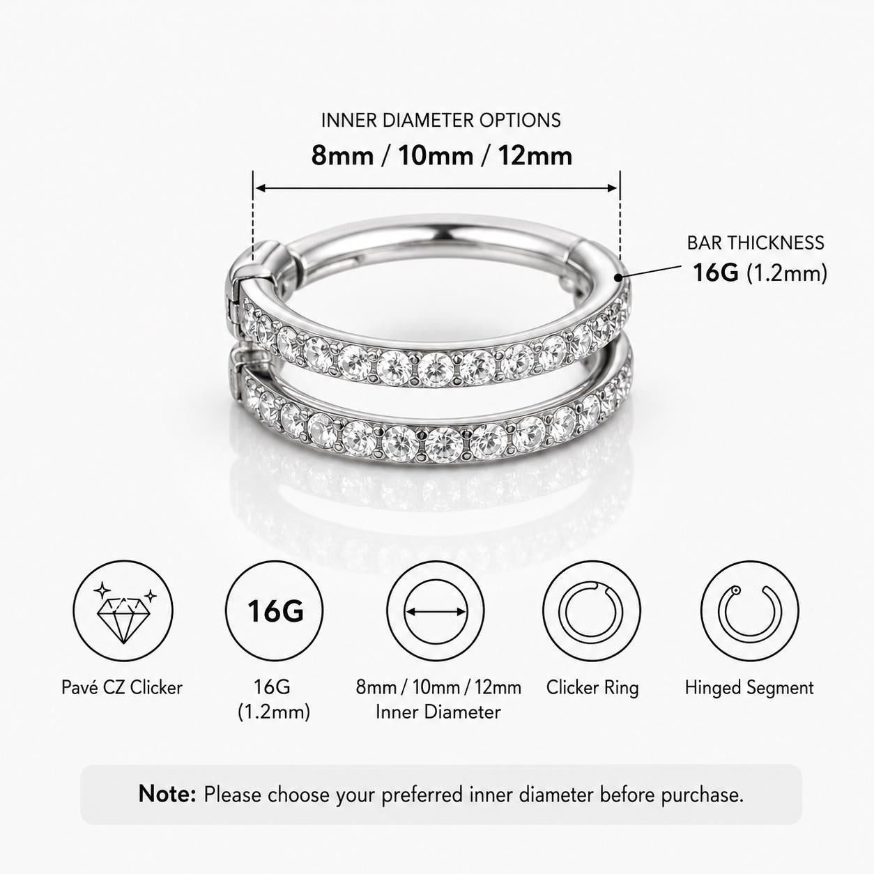ASTM F136 Titanium Double Row CZ Septum Ring｜16G Hinged Clicker｜Sparkling Daith Jewelry｜Hypoallergenic｜Helix Conch Rook Cartilage - Image 10