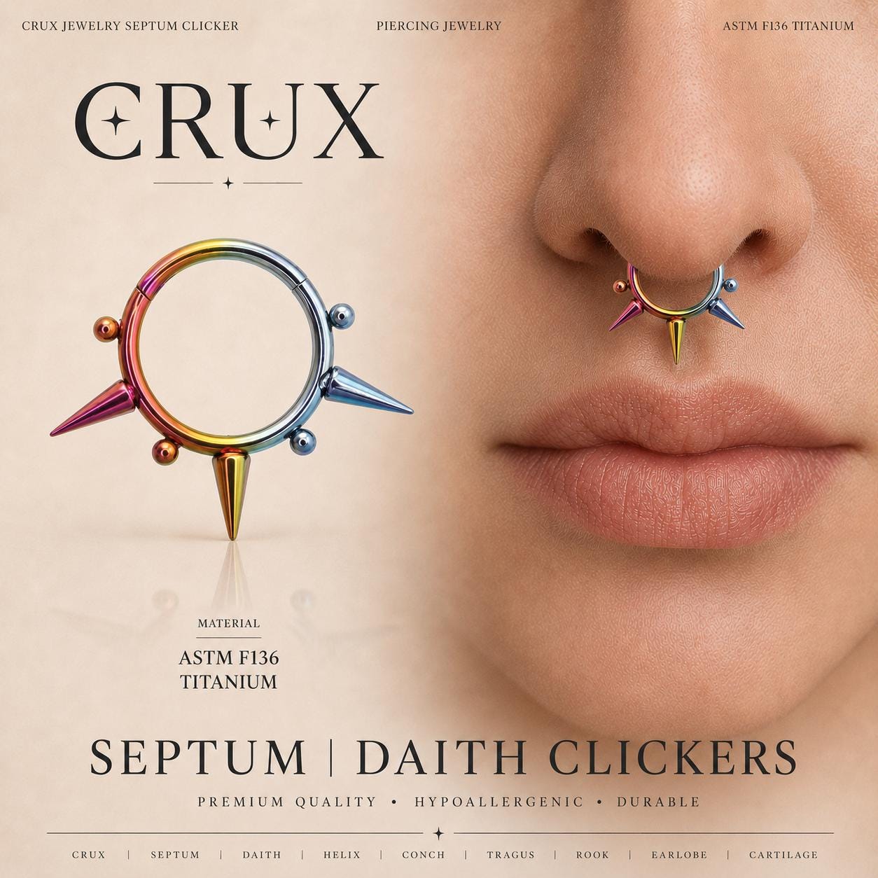 ASTM F136 Titanium Spike & Ball Septum Ring｜16G Hinged Clicker｜Punk Daith Jewelry｜Hypoallergenic｜Helix Conch Rook Cartilage