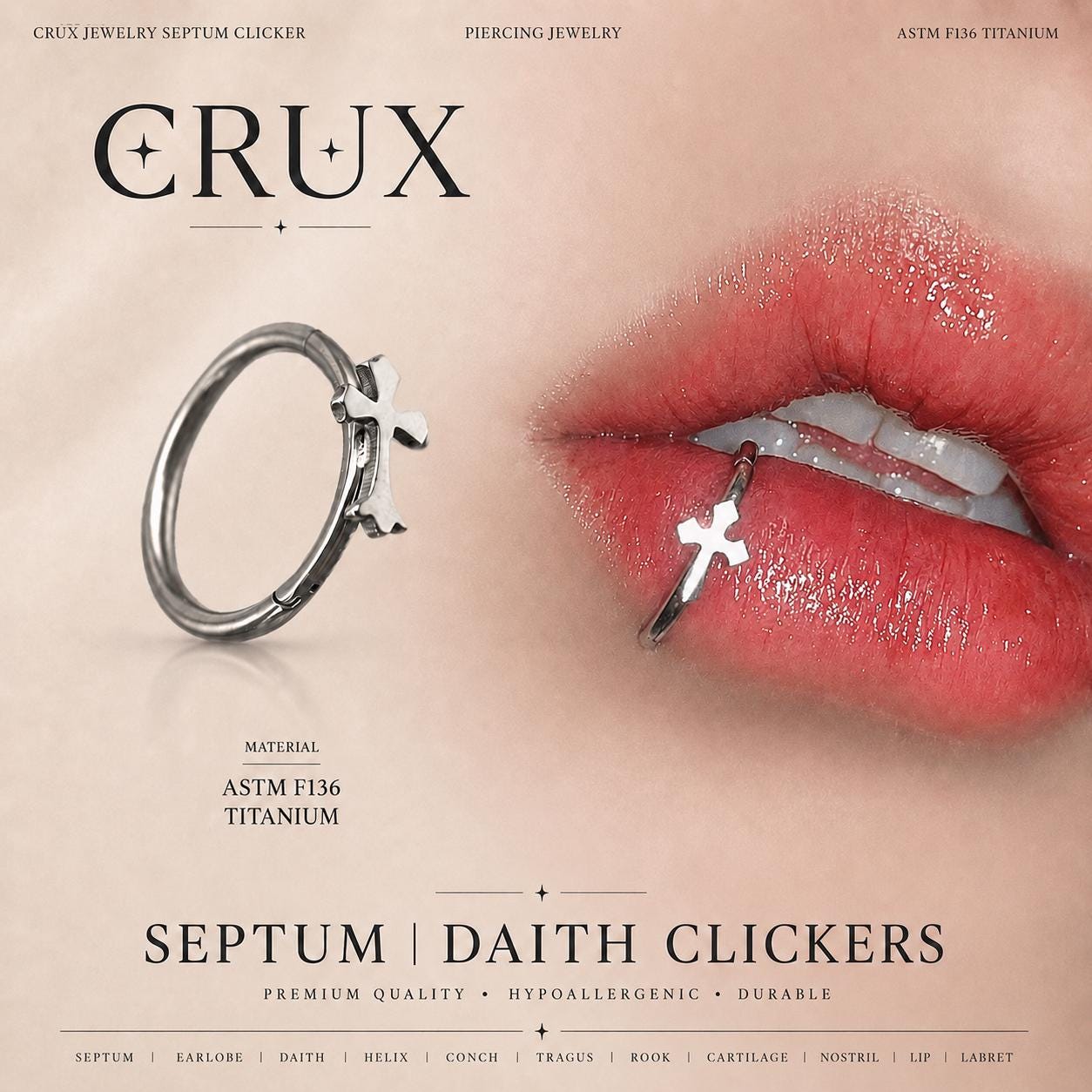 ASTM F136 Titanium Cross Septum Ring｜16G Hinged Clicker｜Gothic Daith Jewelry｜Hypoallergenic｜Helix Conch Rook Cartilage